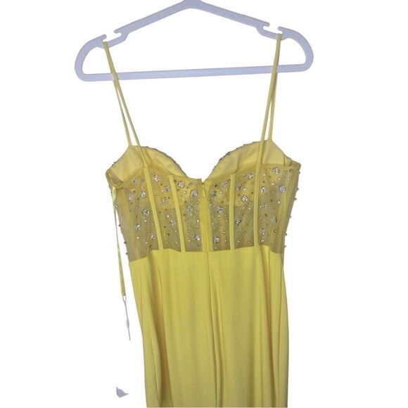 NWT MAC DUGGAL Yellow Spaghetti Strap Beaded Sheer Bodice Gown with Slit Size Sm - Picture 11 of 16